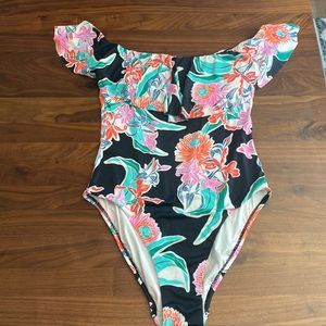Trina Turk off shoulder ruffle one piece bathing suit